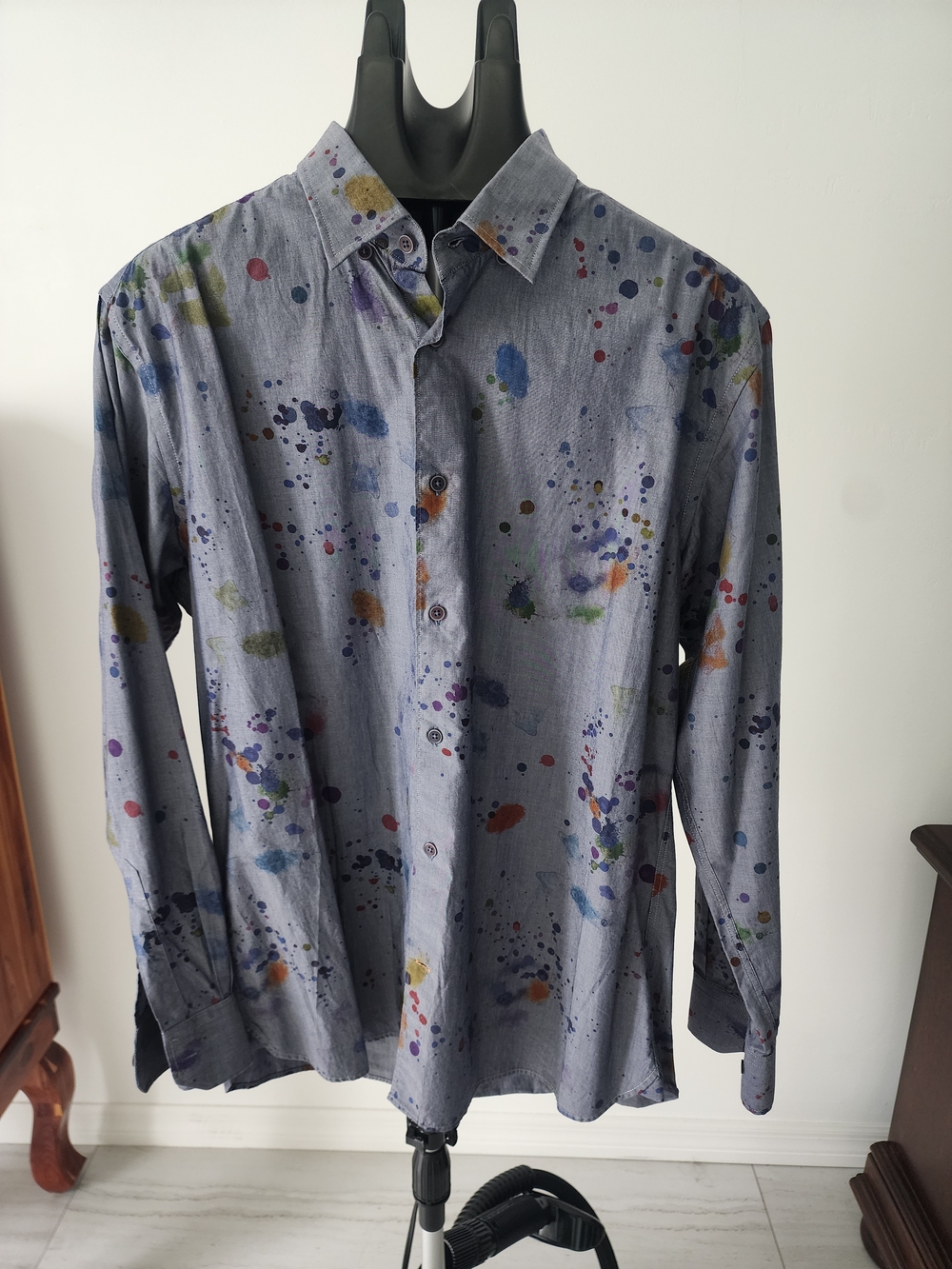 Men's Blue Paint-Splatter Long-Sleeve Button-Down Shirt
